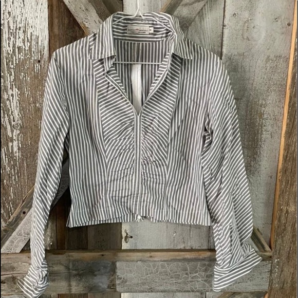 Marisa Minicucci gray & white striped cropped blouse zipper back - Picture 1 of 10